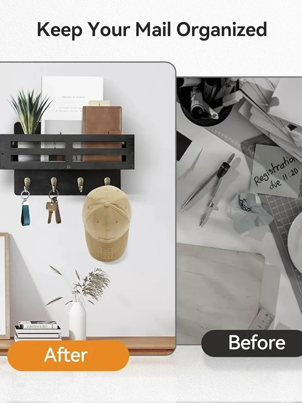 Wall-Mounted Mail & Key Organizer Rack in Black